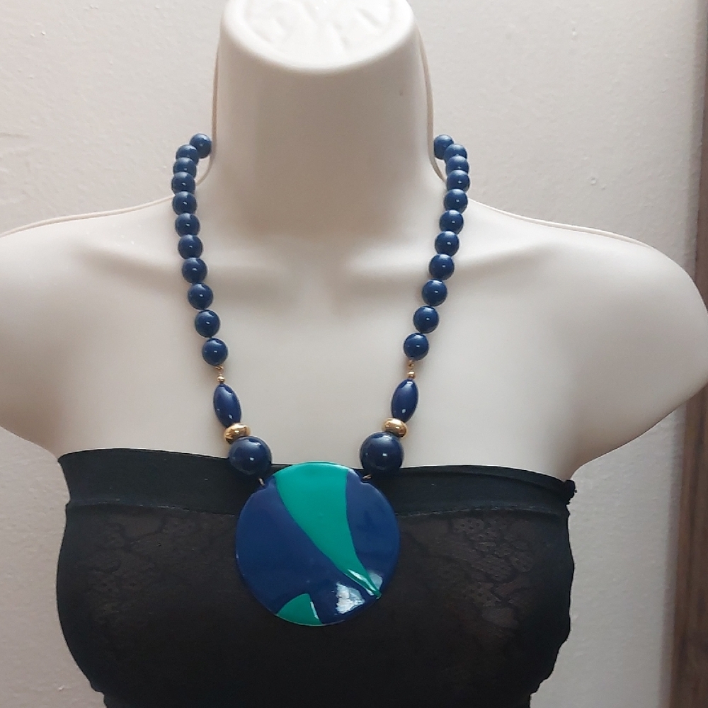 Modern Vintage Aquamarine Blue Enameled Round Pendant Beaded Statement Necklace